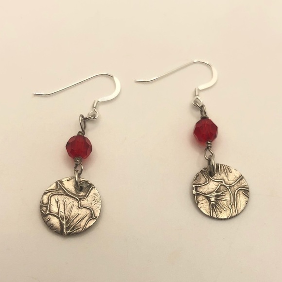 Sterling & 999 Flower Petal Coin Silver Red Crystal Dangle Hook Earrings 1.6” - Picture 2 of 5